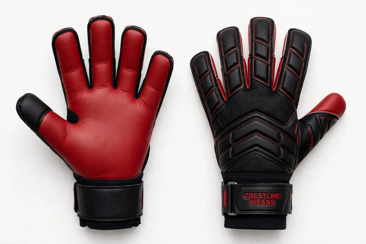 Crestline Wears Ember Pro black and red roll finger goalkeeper gloves, palm and backhand