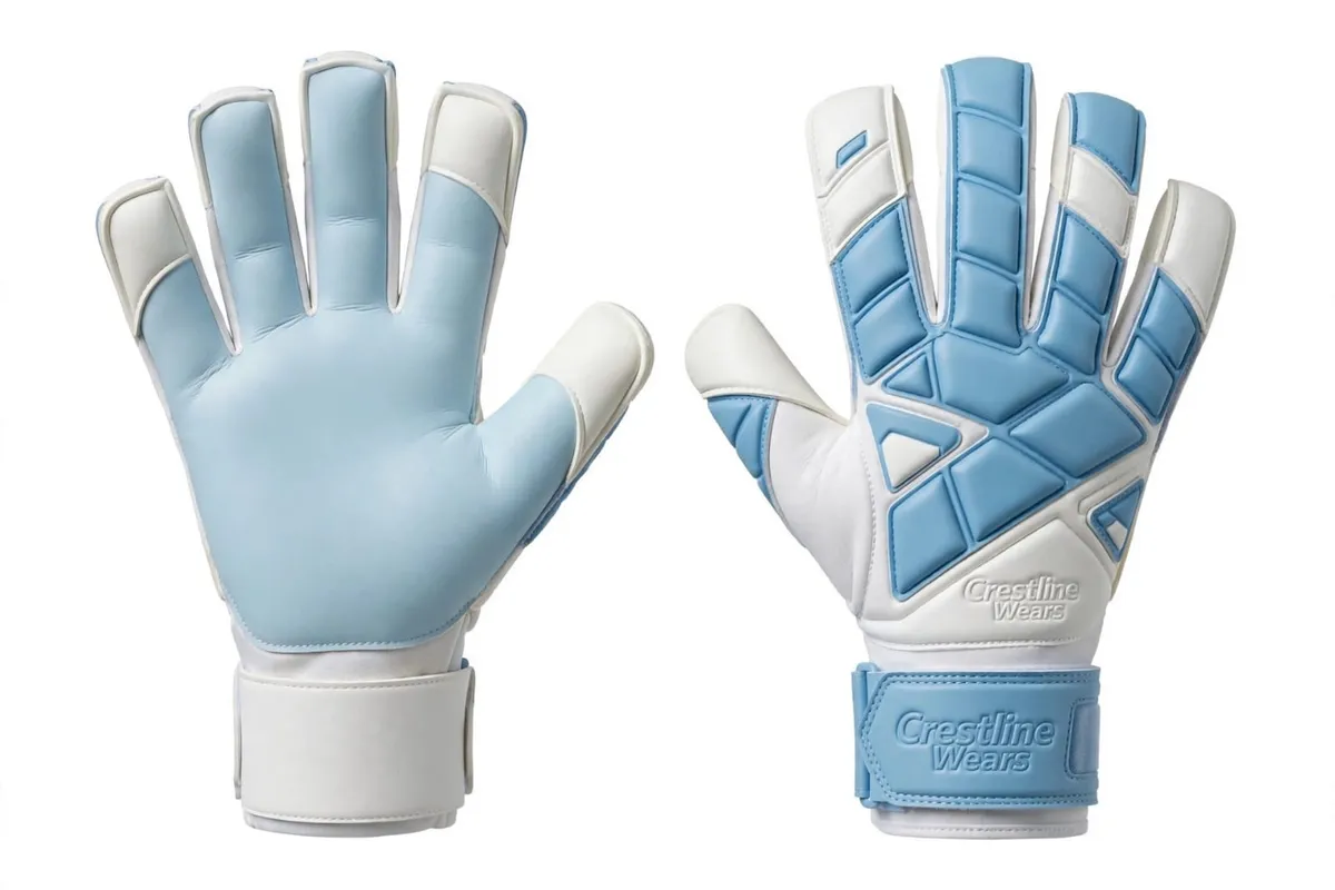 Crestline Wears Frost white and sky blue goalkeeper gloves, palm and backhand
